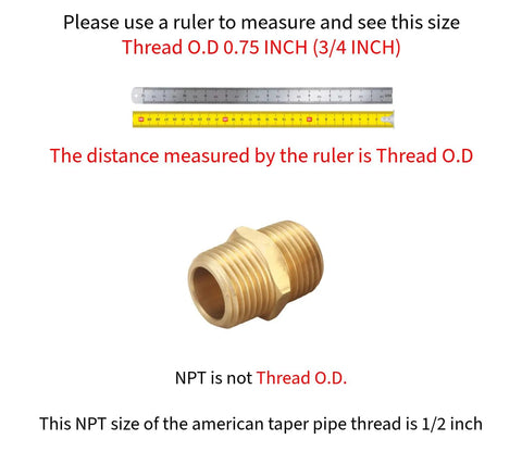 Half Inch NPT Brass Hex Nipple Male To Male Pipe Adapter 0.75 Inch OD 2 Pack shown with ruler for size reference