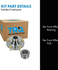 Front Passenger Side Wheel Bearing And Hub Kit 2 Piece Set For Mazda 3 2005-2013 And Mazda 5 2006-2015, box and parts shown.