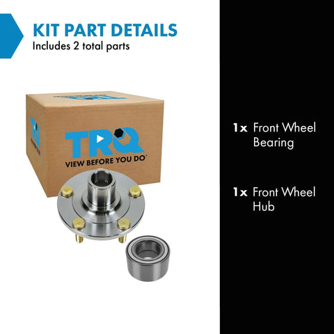 Front Passenger Side Wheel Bearing And Hub Kit 2 Piece Set For Mazda 3 2005-2013 And Mazda 5 2006-2015, box and parts shown.