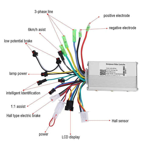 36V Brushless Motor Controller Using Sine Wave Technology And Clear LED Display For Electric Bikes Ebikes And Fat Tire Scooters showing wiring connections and layout.