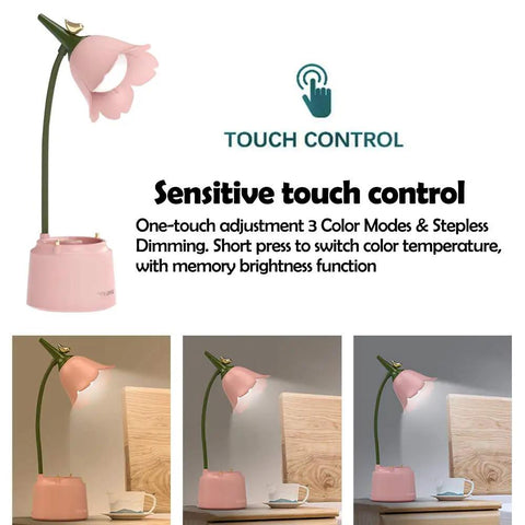 Pink Desk Lamp With Rechargeable LED And USB Charging, Three Color Modes And Stepless Dimming, cute flower design, shown on desk.