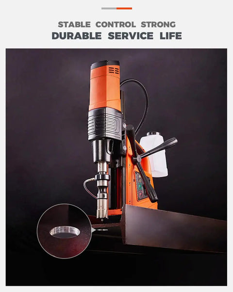 Heavy Duty Magnetic Drill Press Serving 1500W Kick And Adjustable 250 To 450 RPM Speeds with annular cut on steel beam.
