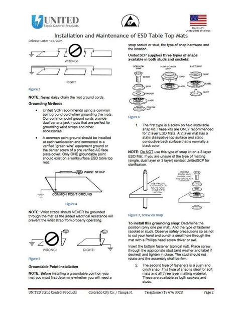 ESD mat kit installation guide page by United Static Control showing grounding diagrams, ground cord, and wrist strap.