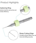 Close-up of PCB Drill Bits Set 0.3mm Cutting Edge Tungsten Carbide with positioning ring for CNC drilling, 10 piece set