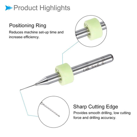 Close-up of PCB Drill Bits Set 0.3mm Cutting Edge Tungsten Carbide with positioning ring for CNC drilling, 10 piece set