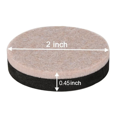 Close-up of a 2-inch diameter felt furniture slider, part of a Round 2 Inch Felt Furniture Sliders Pack 24 Piece Heavy Duty Reusable Moving Pads For Sofas And Tables Easy Glide On Hardwood Floors Vinyl Ceramic Tile And Linoleum Non Stick Protection For Heavy Furniture.