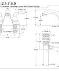 Technical diagram of Naples 4 Inch Centerset Lavatory Faucet In Polished Chrome And Polished Brass showing measurements and components.