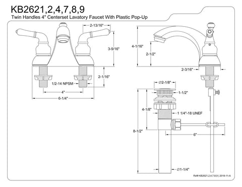 Technical diagram of Naples 4 Inch Centerset Lavatory Faucet In Polished Chrome And Polished Brass showing measurements and components.