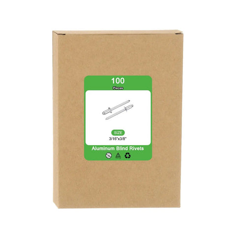 100 Pack 3/16x3/8 Aluminum Countersunk Blind Rivets Silver Open End Fasteners packaging showing size and quantity.