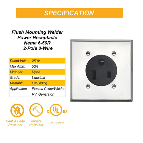 6-50 Receptacle With Square Plate For Welder And Plasma Cutter 50 Amp 250 Volt 2-Pole 3-Wire Outlet In Heavy Duty Thermoplastic Nylon Built For Rough And Ready Use Fits 2-Gang Boxes With 2.15 Inch Center Hole. square wall plate, 50A 250V, nylon