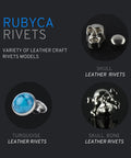 Various leather rivets, including skull and turquoise designs, from Rubyca Rivets collection.