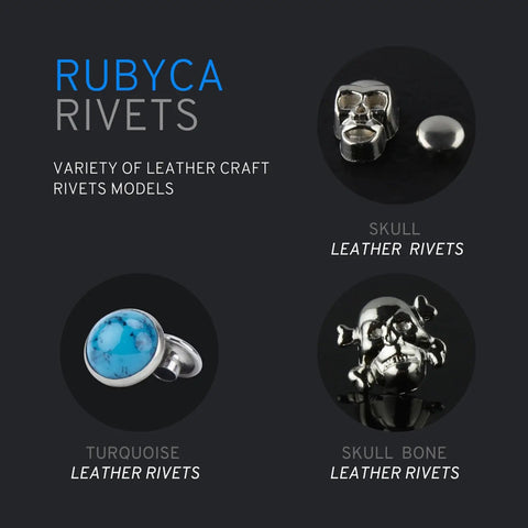 Various leather rivets, including skull and turquoise designs, from Rubyca Rivets collection.