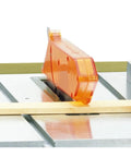 Ultra Compact Mini Table Saw With 200W 7000 RPM Motor To Nail Every Cut On Home Woodworking Projects showing orange safety guard above blade.