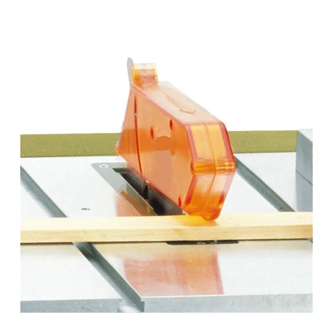 Ultra Compact Mini Table Saw With 200W 7000 RPM Motor To Nail Every Cut On Home Woodworking Projects showing orange safety guard above blade.