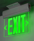 Green LED Edge Lit Emergency Exit Sign With Battery Backup No Fuss UL 924 Double Sided Rotating Acrylic Panel mounted on ceiling