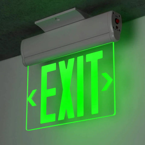 Green LED Edge Lit Emergency Exit Sign With Battery Backup No Fuss UL 924 Double Sided Rotating Acrylic Panel mounted on ceiling