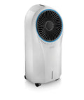 White Portable Evaporative Cooler That Delivers Legit Indoor Cooling And Natural Humidification While Skipping The Heavy Compressor For Straight Up Energy Savings And Fresher Air Anytime, side view showing sleek design and fan.