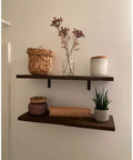 Wall-mounted shelves with decor supported by 20 Pack Heavy Duty L Corner Brackets 5x3 Inch Black Shelf Braces for Shelves.