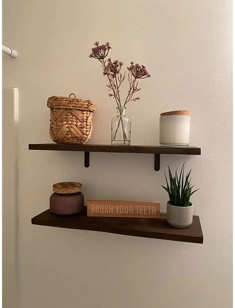 Wall-mounted shelves with decor supported by 20 Pack Heavy Duty L Corner Brackets 5x3 Inch Black Shelf Braces for Shelves.