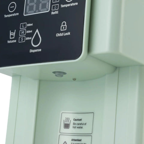 Close-up view of Instant Hot Water Dispenser With 1500W Heating 3L Large Tank Countertop Water Filter System with child lock feature.