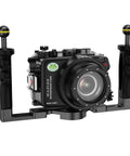 Front view of Underwater Housing For Sony ZV-E10 With Dome Port, Waterproof To 40 Meters 130 Feet, with dual handles and visible lens.