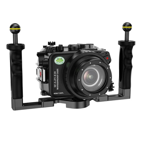 Front view of Underwater Housing For Sony ZV-E10 With Dome Port, Waterproof To 40 Meters 130 Feet, with dual handles and visible lens.