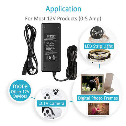 12V 5A LED Power Supply for LED Strip Lights, AC to DC Adapter, applications include camera, digital frame, black IP20