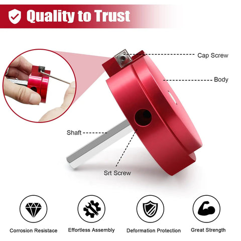 Red component of Six Piece PVC Pipe Reamer Kit For Drills, showing body, cap screw, shaft, and set screw, labeled features.