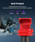 Close-up of red ignition coil part from 8 Ignition Coils With 8 Iridium Spark Plugs UF660 For Porsche Panamera 2010 2016 3.6L 4.8L And Cayenne 2008 2018 Upgrade COP578 Coil Pack Set For Maximum Performance And Smooth Engine Run, demonstrating durability, safety