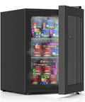 Solid Mini Upright Freezer Countertop Model With 2.2 Cubic Feet Span Double Pane Glass Door filled with ice cream and frozen foods.