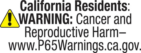 California Proposition 65 warning label for cancer and reproductive harm with website link for more information.