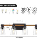 Farmhouse Style Four Light Vanity Light Over Mirror With Rustic Wood Frame And Seeded Glass Shades dimensions