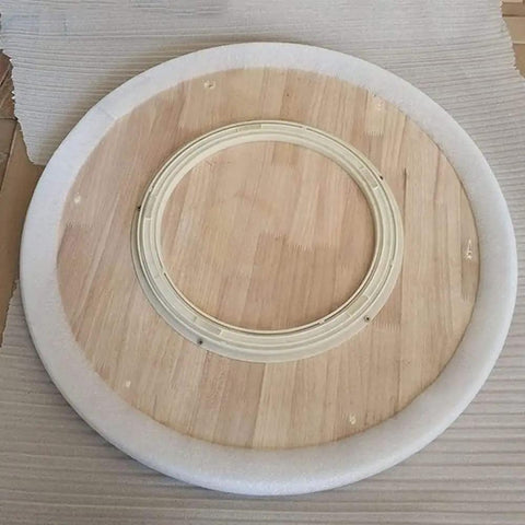Premium Solid Wood 24 Inch Round Lazy Susan Rotating Serving Tray For Dining Table Kitchen Hosting Essentials Brown Finish, underside view.