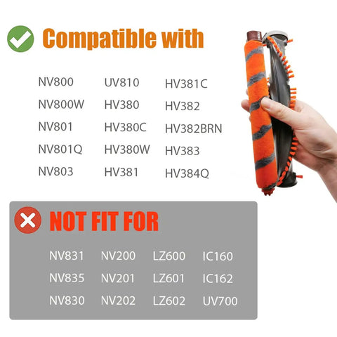 Person holding DuoClean Powered Lift Away Roller Brush Replacement compatible with NV800 NV800W NV801 NV801Q NV803 UV810 models