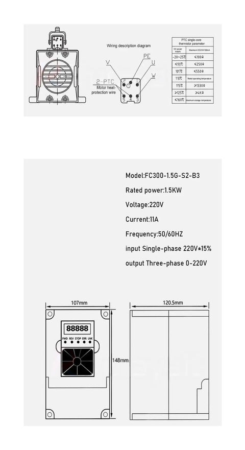 Wiring diagram and specifications for Beast Grade 1500W Air Cooled Spindle Motor And Vfd Inverter Kit With Er20 Collets