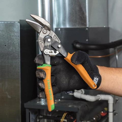 Klein Tools 2401R right-cutting offset tin snips with forged blade and orange handles