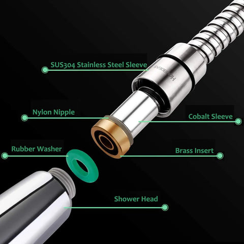 Components of Extra Long 10 Ft Shower Hose in 304 Stainless Steel with swivel, brass insert, and nylon nipple