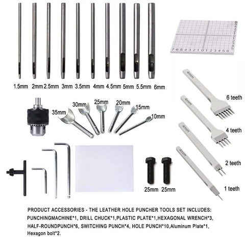 Leather Hole Puncher Kit Hand Punching Machine Manual Press For DIY Leather Craft Pro Grade Punch Tools Set With Drill Chuck Aluminum Plate 20 Piece Tool Assortment PP Plate Hex Wrenches Half Round And Switching Punches