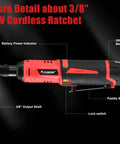 Kickass 3 8 Cordless Ratchet Wrench Kit Packing 40 Ft Lbs Of Beefy Torque With Variable Speed Trigger showing the battery power indicator and controls.