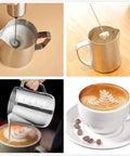 Rechargeable Milk And Coffee Frother Handheld Foam Maker For Lattes Cappuccinos Frappes And Hot Chocolate Barista Grade Foam Quick Electric Foam With Easy One Button Operation creating foam in stainless steel jug, latte art