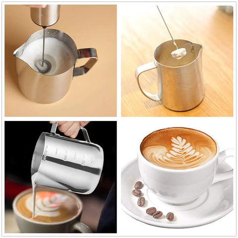 Rechargeable Milk And Coffee Frother Handheld Foam Maker For Lattes Cappuccinos Frappes And Hot Chocolate Barista Grade Foam Quick Electric Foam With Easy One Button Operation creating foam in stainless steel jug, latte art