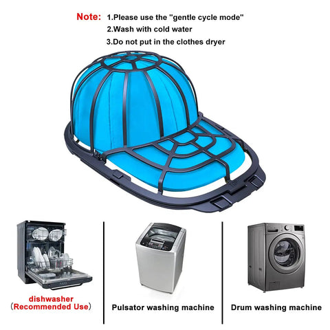 Hat Washer Frame For Washing Machine Or Dishwasher Cap Rack Shaper And Cleaning Protector on blue cap with machine icons