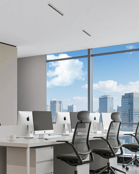 Smooth Triac Dimmable 15W Linear Recessed Lights With Slick White Trim 5 Cct Selectable Premium Led Ceiling Fixtures in modern office.