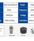 Specifications of 5.5kW Water Cooled ER20 CNC Spindle For 220V And 380V Systems with ER32 chuck and nut components.