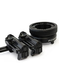 Universal Spotting Scope Phone Adapter With Double Grip Telescope Mount, black metal, side view showing adjustable grips