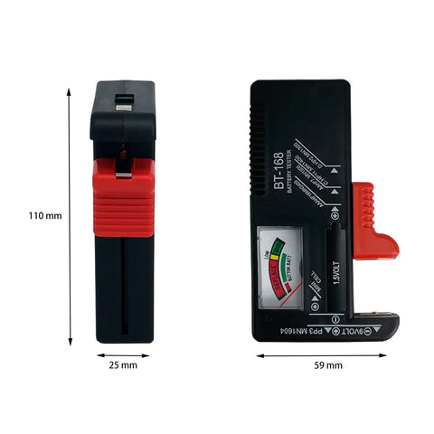 Portable Battery Tester For AA AAA C D 9V And Button Cell Batteries All In One Volt Checker With Pocket Friendly Design And Easy Readout 2 Pack compact black ABS tester, 110 x 59 x 25 mm