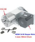 Heavy Hitter NEMA 34 Rotary Axis with 100mm Four Jaw Chuck and 86 stepper motor for CNC engraving projects.