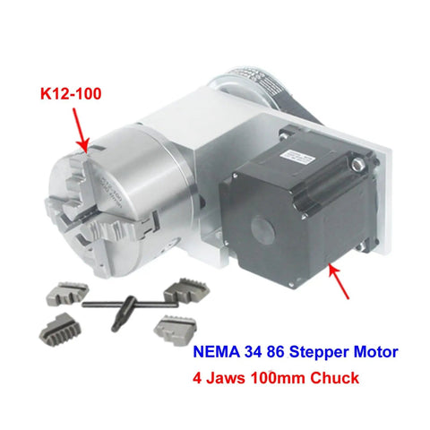 Heavy Hitter NEMA 34 Rotary Axis with 100mm Four Jaw Chuck and 86 stepper motor for CNC engraving projects.