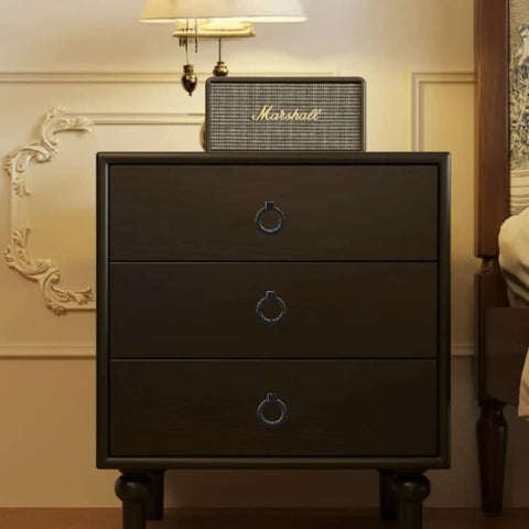 Wooden dresser with 8 Piece Slick Matte Black Zinc Alloy Cabinet Ring Knobs With Screws, Drawer Ring Pulls for furniture.