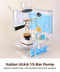 Smooth Operator Automatic Espresso Machine With Integrated Grind Distribute And Tamp Design Built In Calibrated Tamper; 9-bar pump brewing espresso.